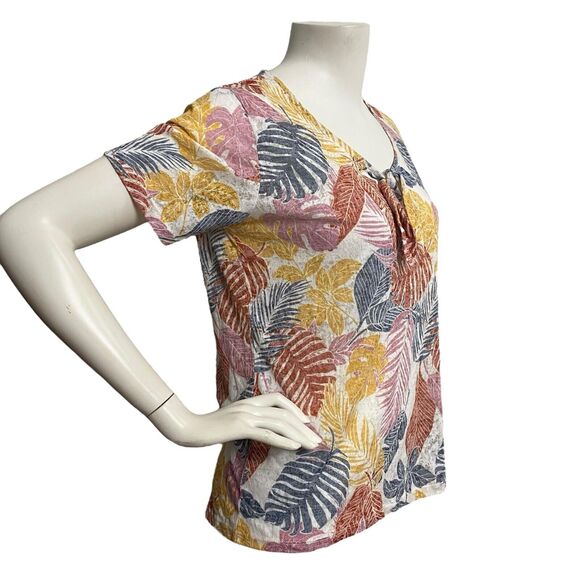 Isle Easentials Multicolor Leaf Print Top Blouse Tie Front Small 10-12 - Picture 2 of 10